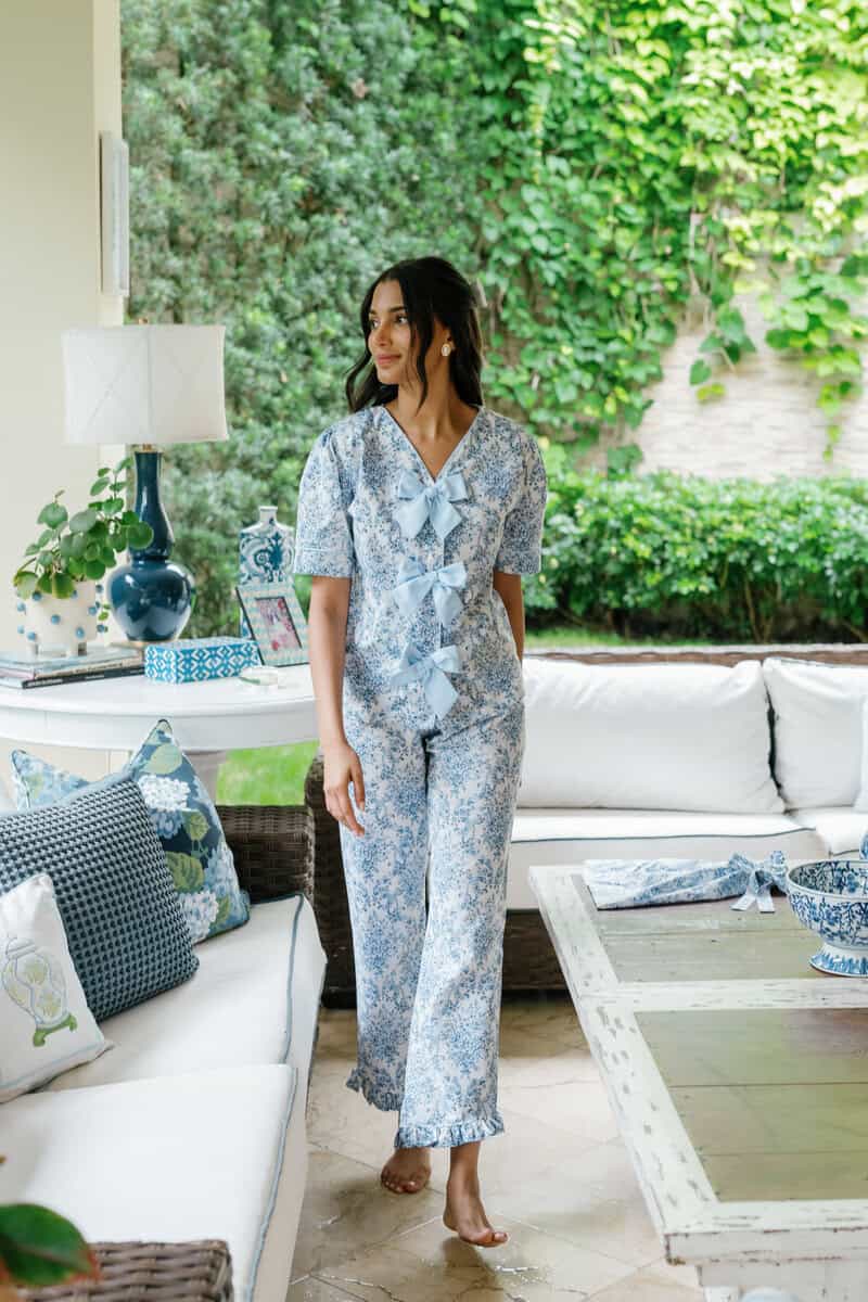 Comfortable blue floral pajama set for women.