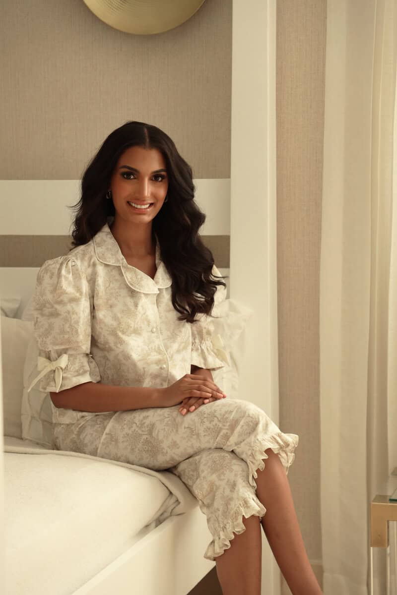 Elegant woman wearing the Joyce Designs Padova Set, a stylish and comfortable loungewear perfect for.